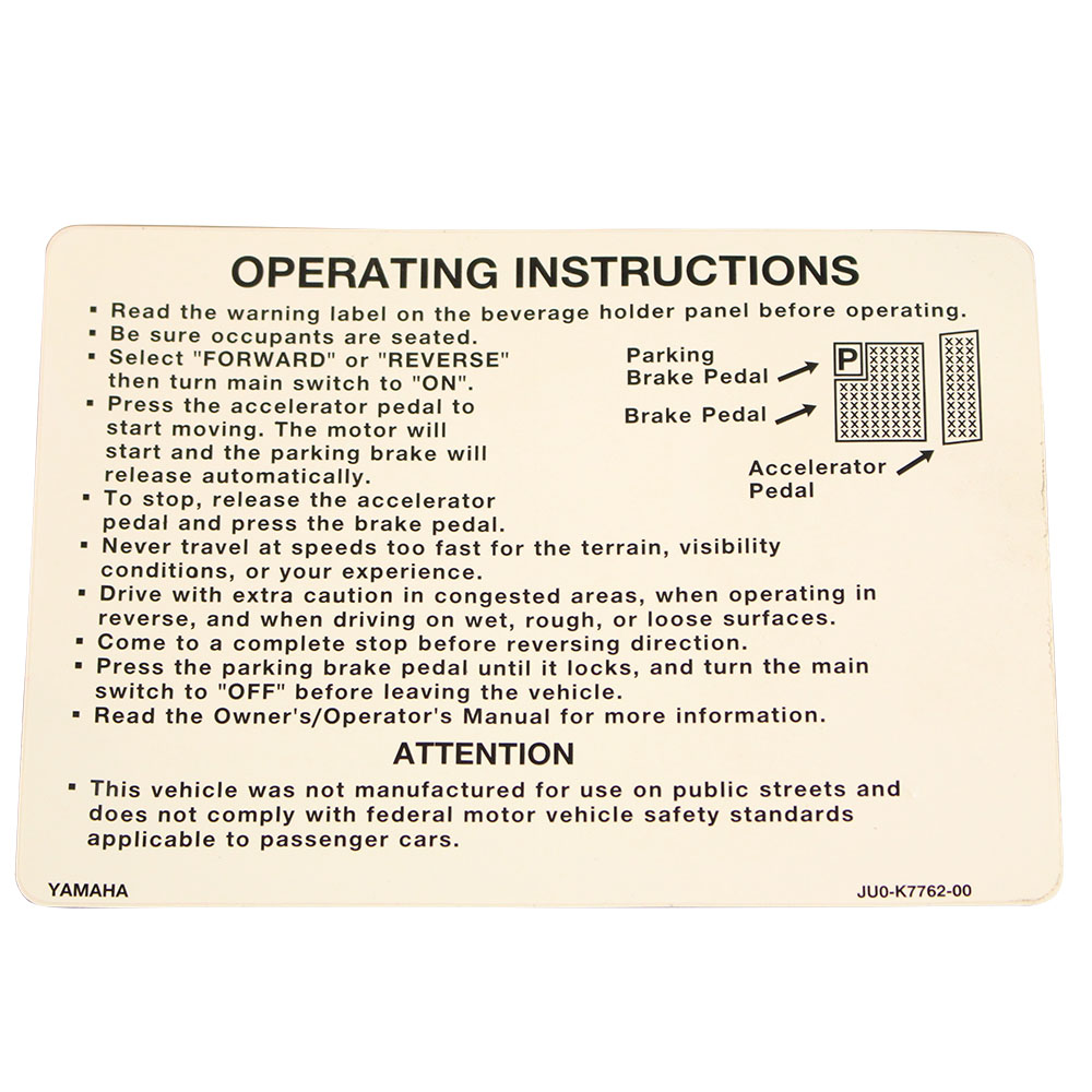 Yamaha G29 Warning Label Decal G&E 2012+ G29 (Oem #Ju0-K7762-00-00) - OEM #JU0-K7762-00-00